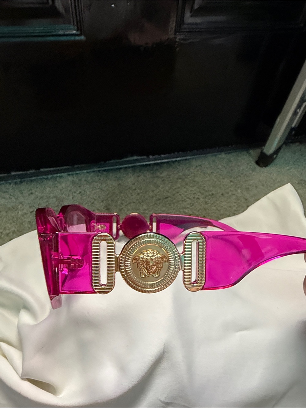 Versace Transparent Hot Pink Sunglasses with Gold Medusa Emblem